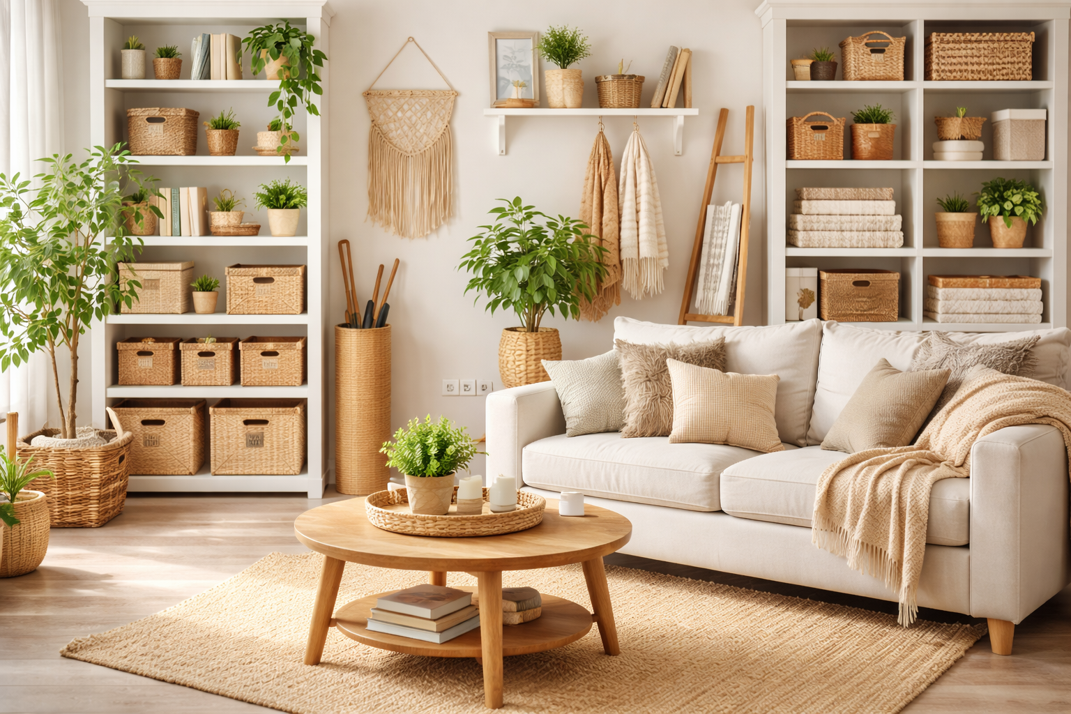 Cozy home interior with warm décor and organized kitchen-inspired living space